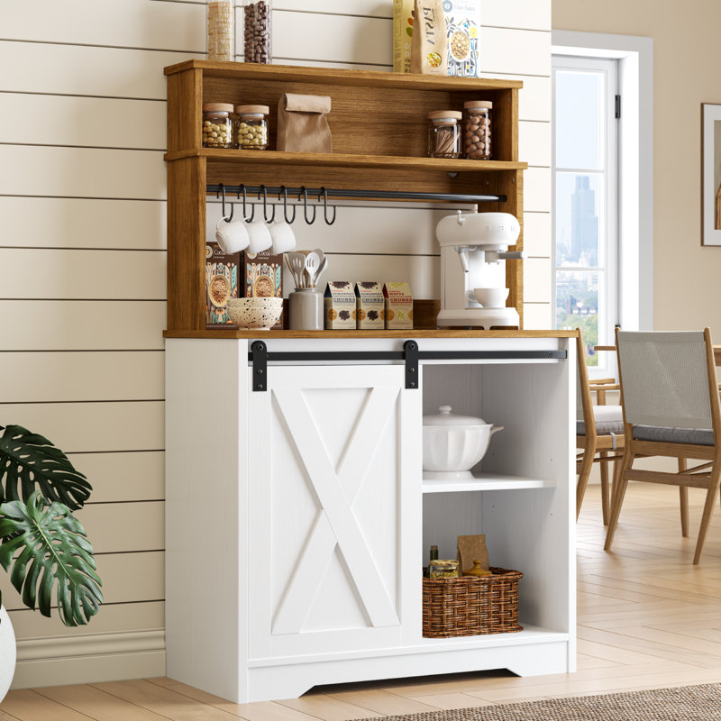 Huche café avec lumière DEL, rangement et porte de grange coulissante, Blanc / Blanc