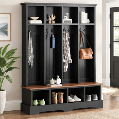 Farmhouse Hall Tree Entryway Bench With Open Storage Compartments