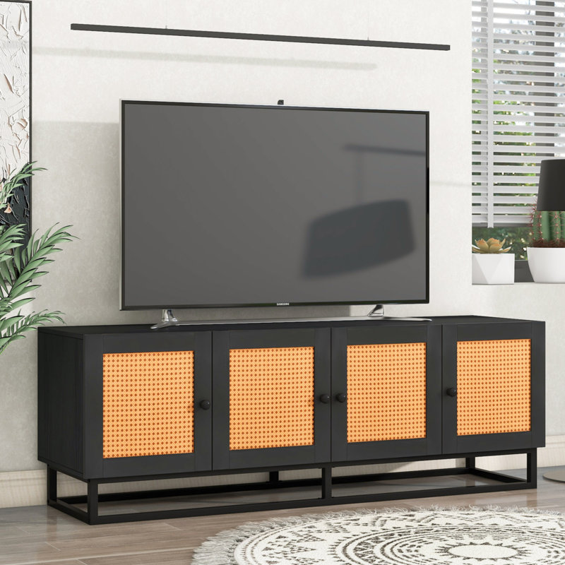 Meuble télé Alyicia avec 4 portes en rotin texturé et 2 panneaux réglables, Espresso