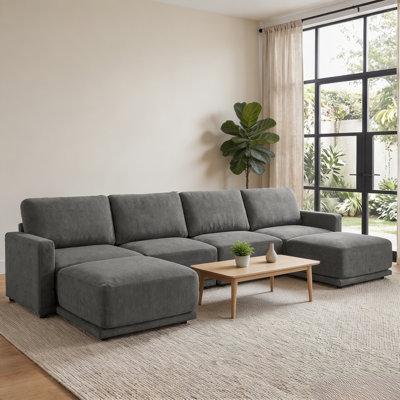 145" U-Shaped Modular Couch, 4 Seater Sofa with 2 Ottomans, Gray