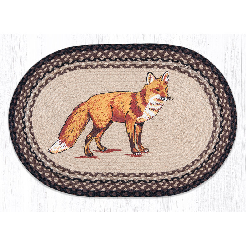 Earth Rugs Fox Oval Patch Tread 30" H Hand-Stenciled Braided Jute Rug with Rustic Wildlife Scene