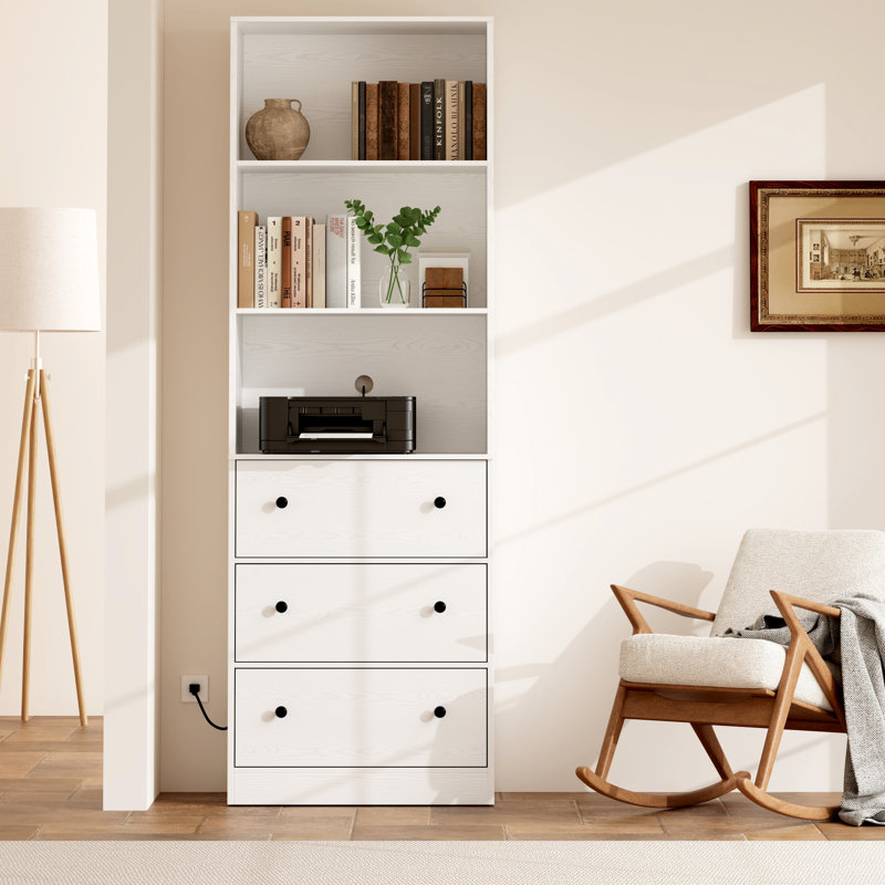 70.9'' H X 23.6'' W Standard Bookcase Cabinet with 2 Open Shelves and 3 Drawers, White