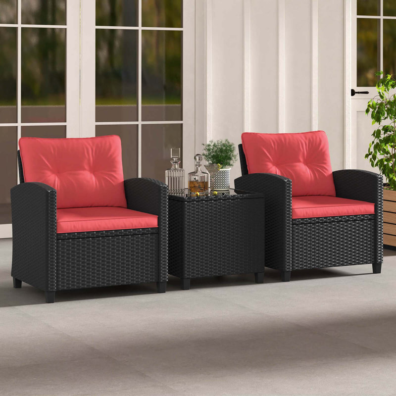3 Pcs Patio Furniture Set With Tempered Glass Coffee Table Washable Cushions, Red