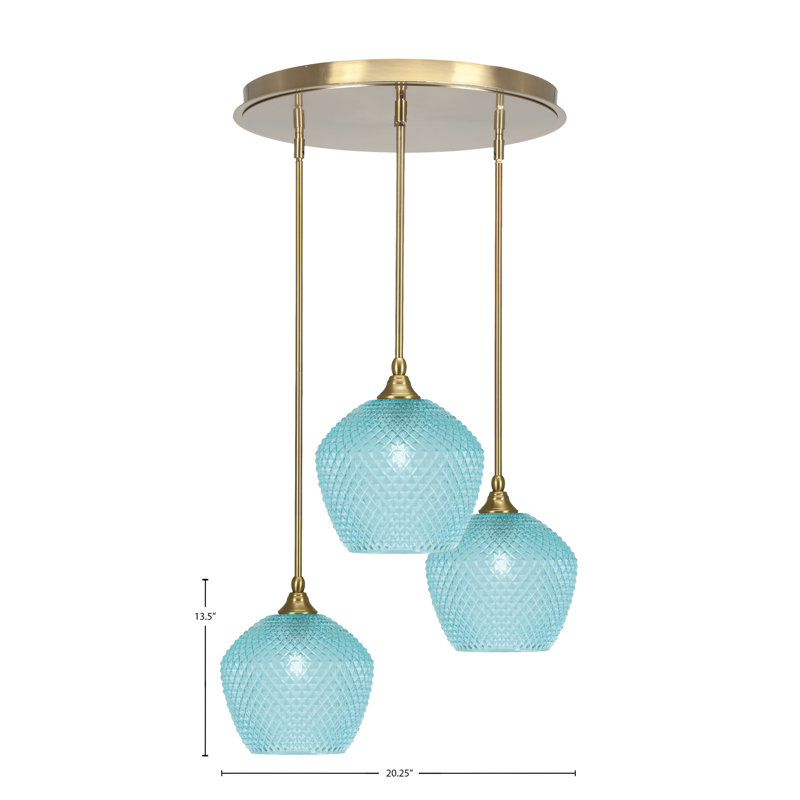 Luminaire suspendu suspendu à 3 lumières avec verre texturé turquoise Colaine Empire, Laiton