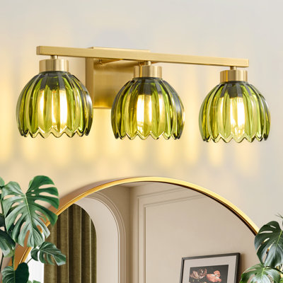 Éclairage pour meuble-lavabo à 3 lumières à intensité variable avec abat-jour tulipe floral rétro vert