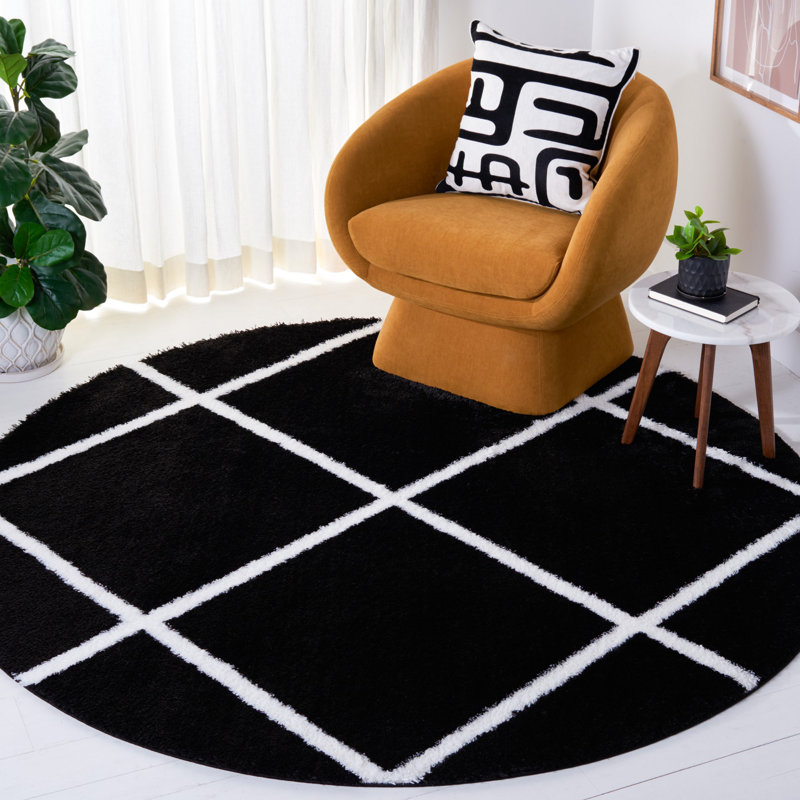 Tapis noir et blanc à motif géométrique, Rond 6 pi 7 po
