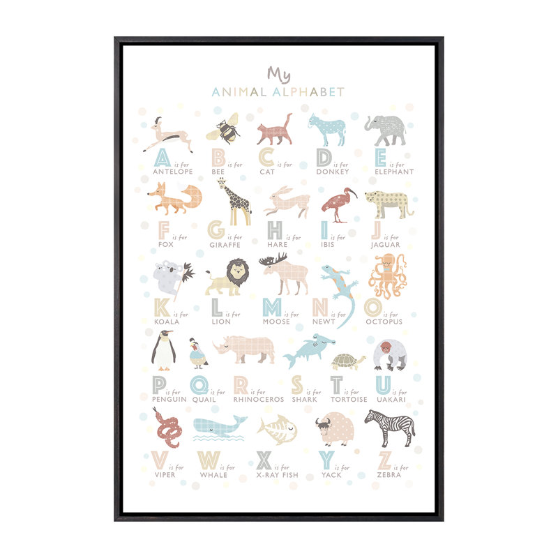«Neutral Animal Alphabet», reproduction d'impression, H 26 po x l 18 po x 1,5 po, Toile avec cadre noir patiné, Pas de tapis