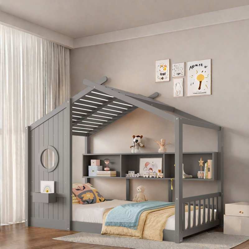 Lit sur pied avec tablette de rangement, Gris, Simple