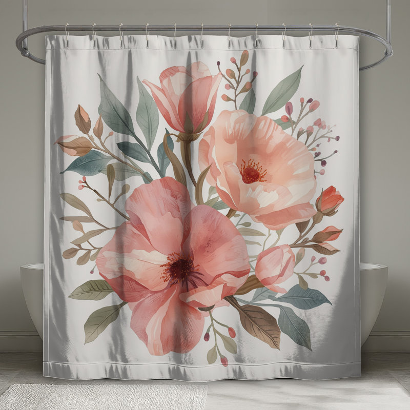 Rideau de douche rose à motif floral extra long, L 70 po x H 93 po