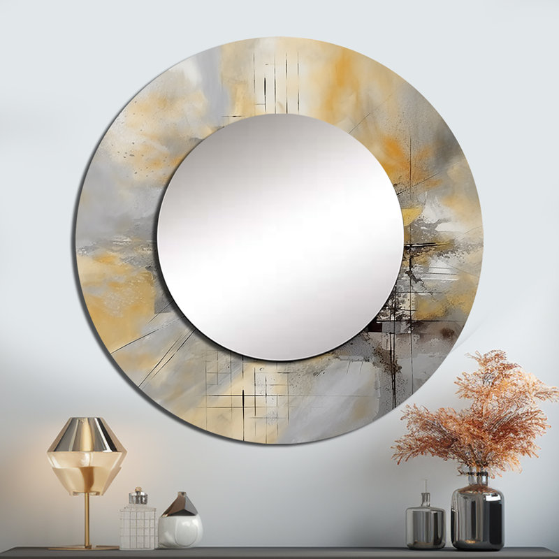 Piercarlo jaune et gris au-delà de la toile I - peinture abstraite grand miroir, décor de miroir mural rond unique jaune, impression sur métal