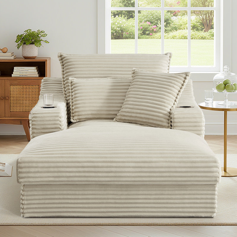 Chaise longue en velours côtelé à compression 47,2 po, siège profond avec porte-gobelet et sac de rangement, aucun assemblage requis