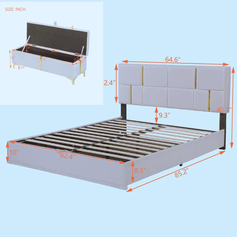 Ensemble de chambre à coucher 2 pièces avec lit plateforme tapissier grand, rangement hydraulique et repose-pieds beige, parfait pour les espaces de vie modernes et fonctionnels.