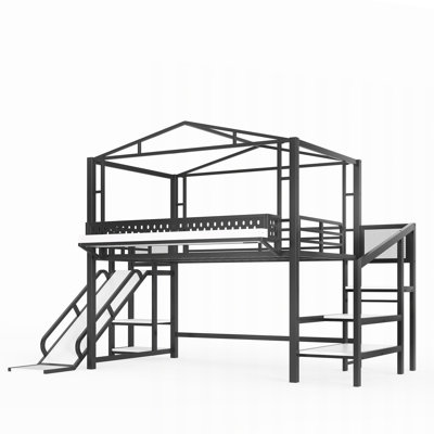 Metal Loft Bed with Storage Stairs, Wardrobe, USB & LED Lights