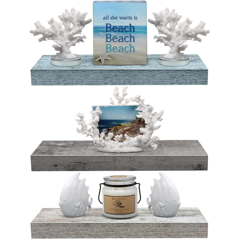 Ancasta 3 Piece Floating Shelf, Blue/White/Gray
