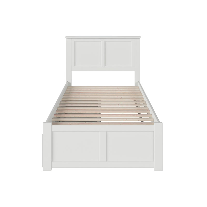 Lit plateforme en bois massif avec pied de lit et tiroirs de rangement Fogarty, Lit simple, Blanc