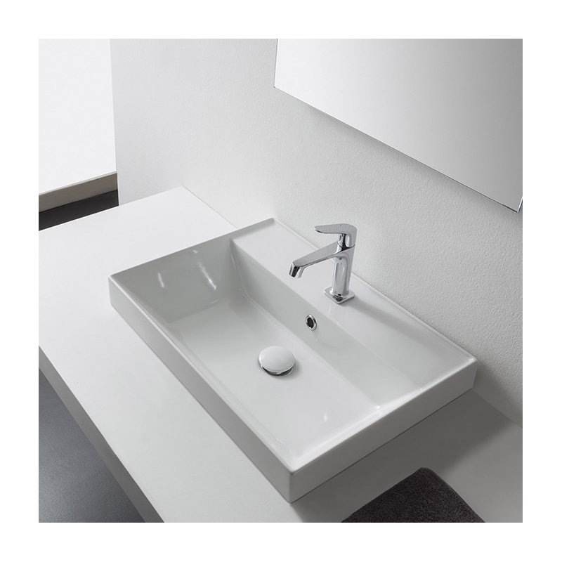 Lavabo de salle de bain vasque rectangulaire en céramique blanche avec trop-plein Teorema, Monotrou