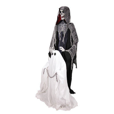 Haunted Hill Farm 5 ft 11 in Standing Animated Reaper with Ghost Halloween Animatronic with Rising Motion and Red LED Eyes