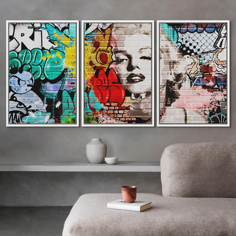 Urban High Contrast Marilyn Monroe Portrait Graffiti & Street Art People Pop Art coloré 3 pièces, H 36 po x l 72 po, Blanc