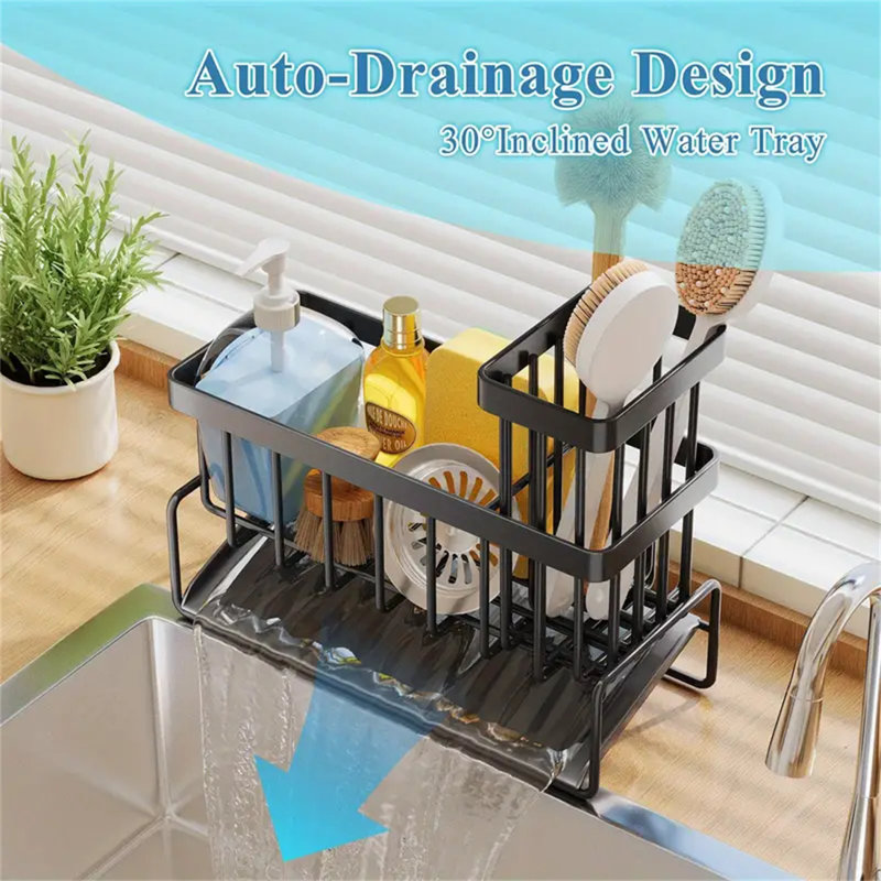 Organisateur d'évier de cuisine en acier inoxydable avec panier à drain, porte-éponge et support à brosses - chariot de lave-vaisselle anti-oxydation pour un rangement efficace