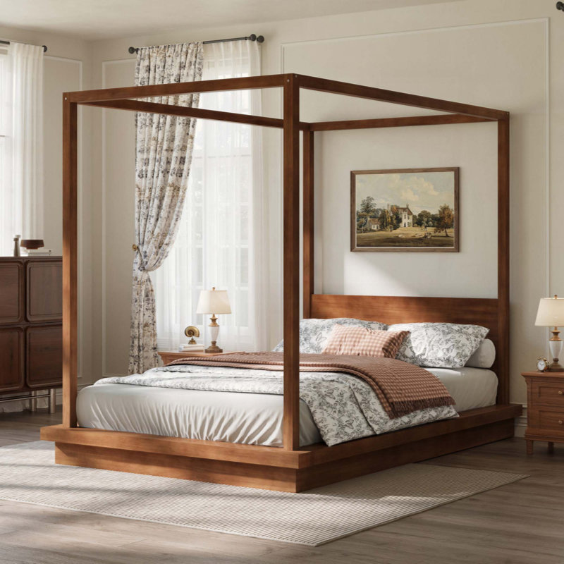 Lit plateforme à baldaquin en bois avec tête de lit, Grand lit, Brun