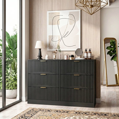 Commode 6 tiroirs cannelée, grande commode noire