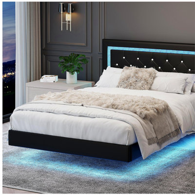 Full Size Bed Frame with Headboard, Floating Bed Frame with LED Lights, Upholstered Platform Bed with Diamond Tufted Headboard, No Box Spring Required, Black