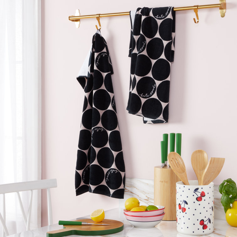Kate Spade New York Joy Dot Kitchen Towels 2-Pack Set, Absorbent 100% Cotton Velour, Black/Beige, 17X28