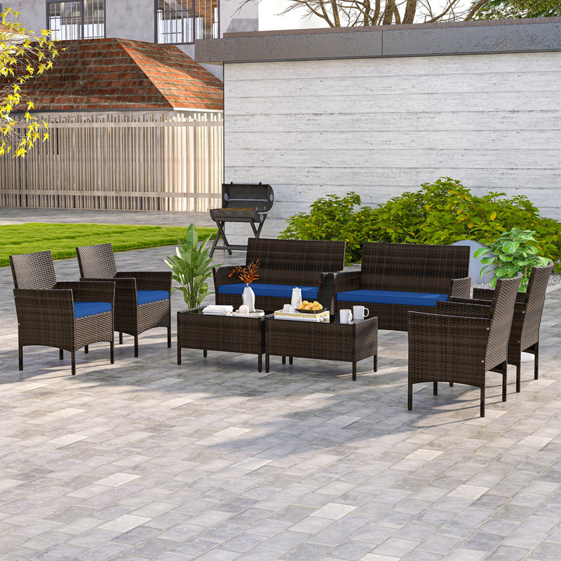 Klea Wicker 8 - Person Patio Conversation Set with Cushions, Navy