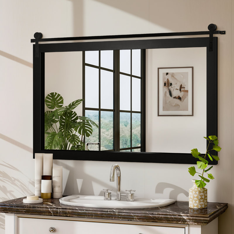 Rural Farmhouse Barn Bathroom Mirror - Wooden Frame Wall Mirror, Rectangular Wall Decorative Mirror, Metal Bracket Decorative Barn Door Style Mirror For Bathroom Entrance, Living Room And Bedroom