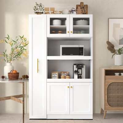 3 In 1 Kitchen Pantry Cabinet With Side Tall Cabinet And 2 Open Pull-Out Microwave Shelf For Dining Room by Mercer41