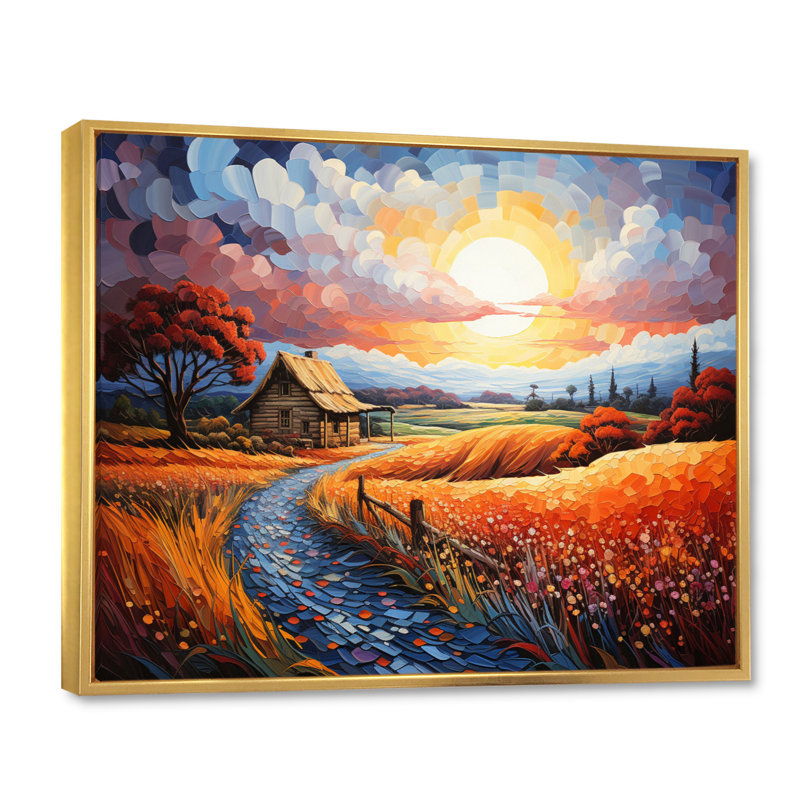Grange quiet sanctuaire pointillisme - décoration murale de ferme, H 34 po x l 44 po x P 1,5 po, Cadre flottant doré