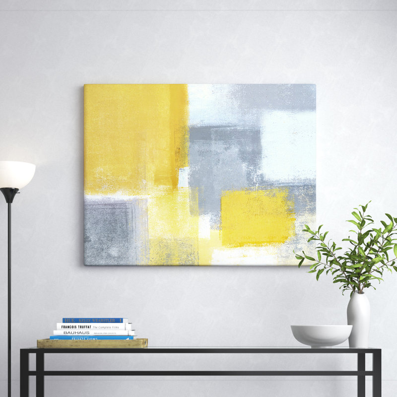 Gris et jaune bleu abstrait XXI - reproduction sur toile, H 36 po x l 46 po, Toile tendue, Sans cadre