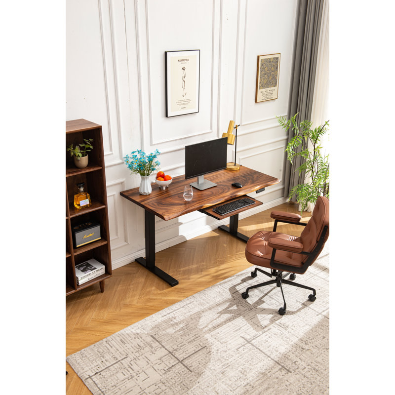  Adjustable Standing Desk with South American Walnut, Live Edge Desk with Keyboard Tray, 29.5" H x 46" W x 24" D, Black