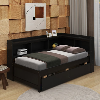 Twin Size L-Shaped Bookcases Bed With Power Outlets, USB Charging Ports,Two Drawers