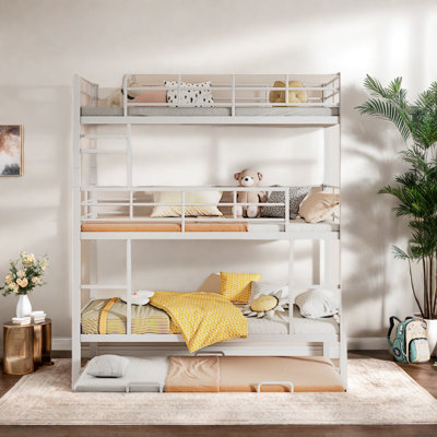 Space-saving Metal Triple Bunk Beds With Trundle, Antique White