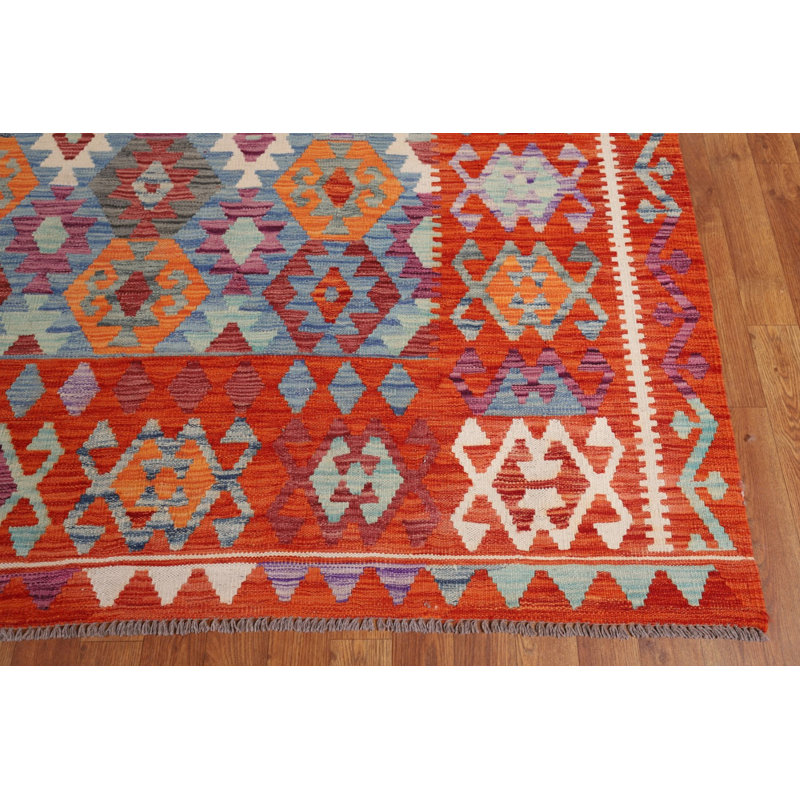 Tapis kilim orange et bleu tissé à plat 8 x 12