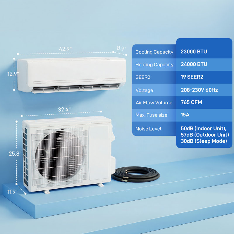 Mini climatiseur à deux blocs de 24 000 BTU et thermopompe, 19 onduleurs sans fil à énergie écoénergétique 19 SEER2 fonctionnant au WIFI et refroidissant jusqu'à 1500 pieds carrés, fonctionne avec Alexa avec l'ensemble d'installation