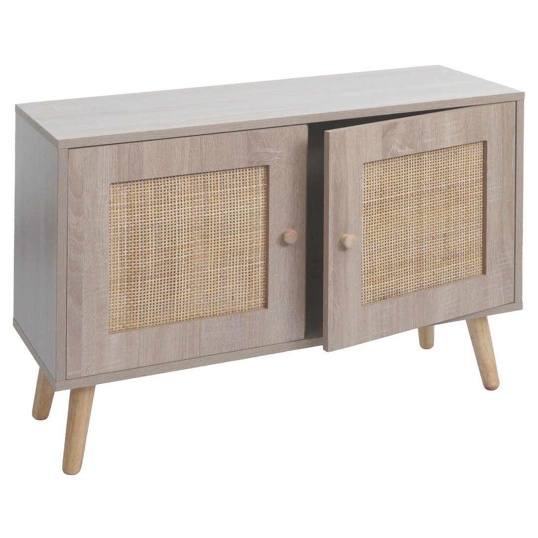 Kommode HWC-M40, Sideboard Schrank Highboard, Staufächer, Kubu Rattan Holz Melamin, Eiche-Optik