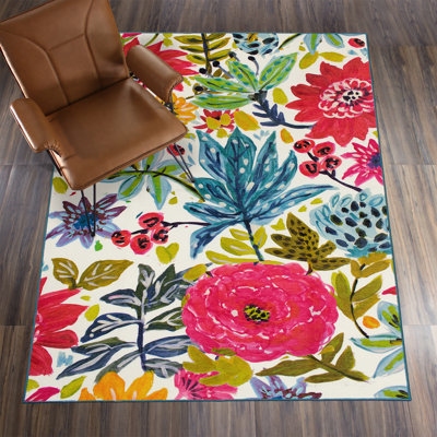 Tapis lavable à la machine multicolore Floral Bloom - moderne, antidérapant et résistant aux taches - 5 pi x 7 pi