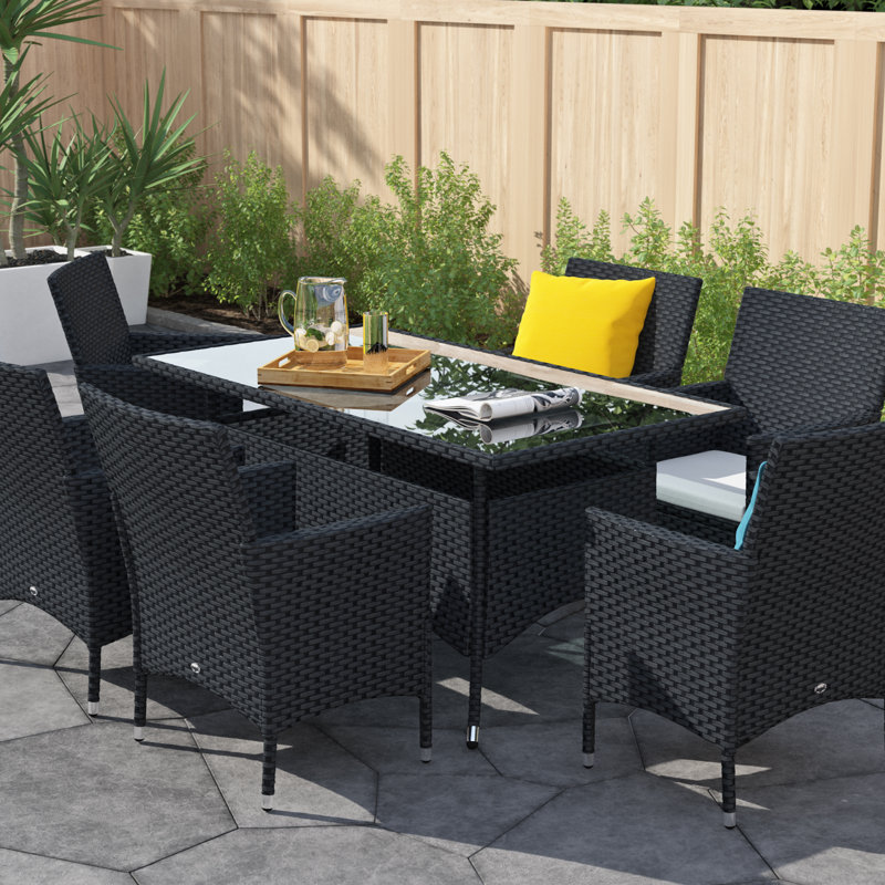 6 - Person Wicker Patio Dining Set with Rectangular Table , Cushions Included, Charcoal