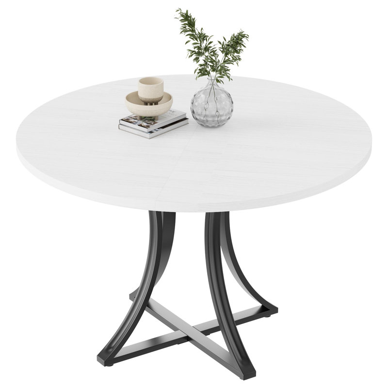 Modern Industrial Farmhouse Round Dining Table, 2–6 Seater Pedestal Base Table With Wood Grain Finish, Easy Assembly, White