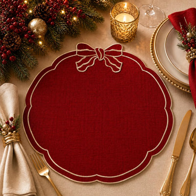 Fennco Styles Red 15" Round Salloped Round Placemats With Bow Design, Set Of 4
