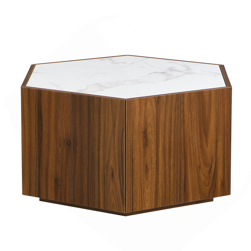 Table basse Hexagonal Rustic, Blanc, Noyer
