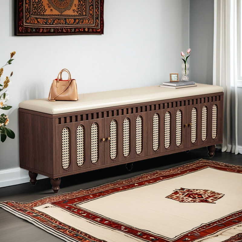 Solid Wood Shoe Storage Bench with Seat Cushion, Brown