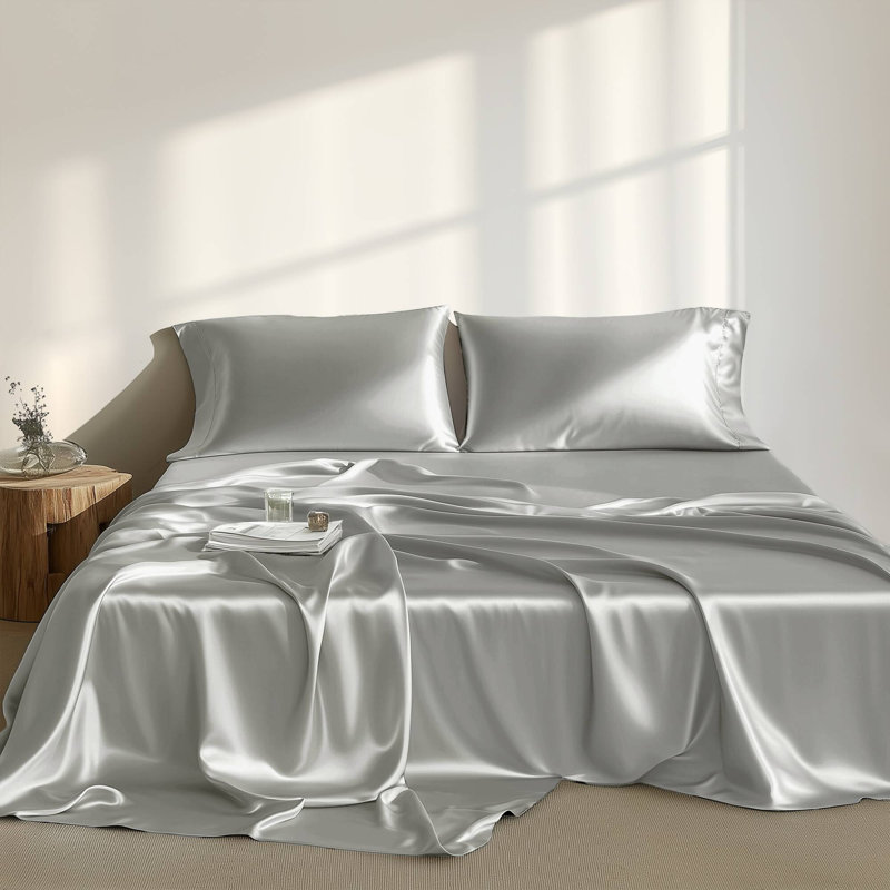 Ensemble de draps de luxe Satin infroissable, Ensemble de draps pour grand lit et quatre taies d, Gris clair