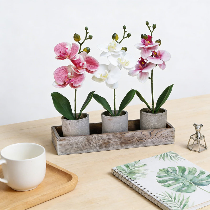 Orchidée artificielle Real Touch, ensemble de 3 pots à fleurs en bois rustique, plantes en faux phalaenopsis pour bureau à domicile