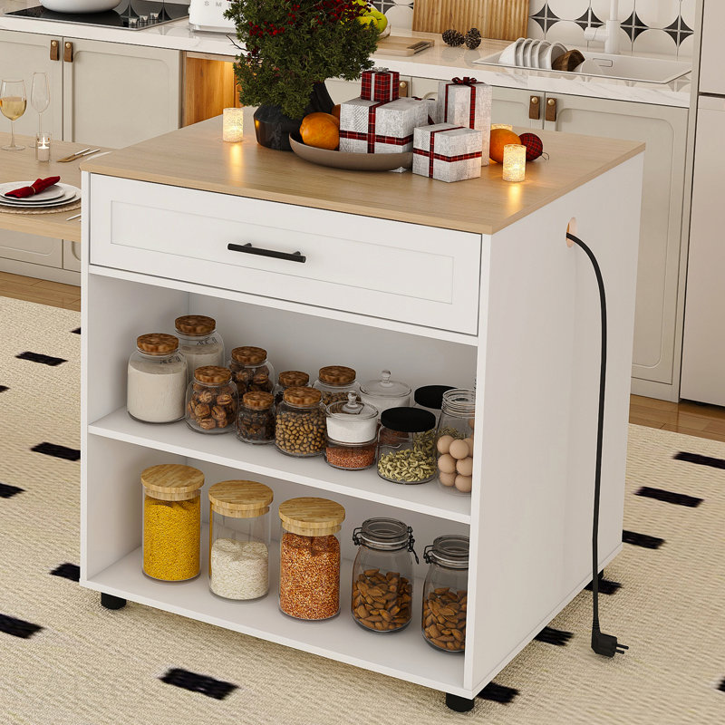 80-Inch Expandable Kitchen Island Dining Table Solid Wood Grain Countertop Power Outlet Mobile Storage Cart Cabinet 2 Drawers