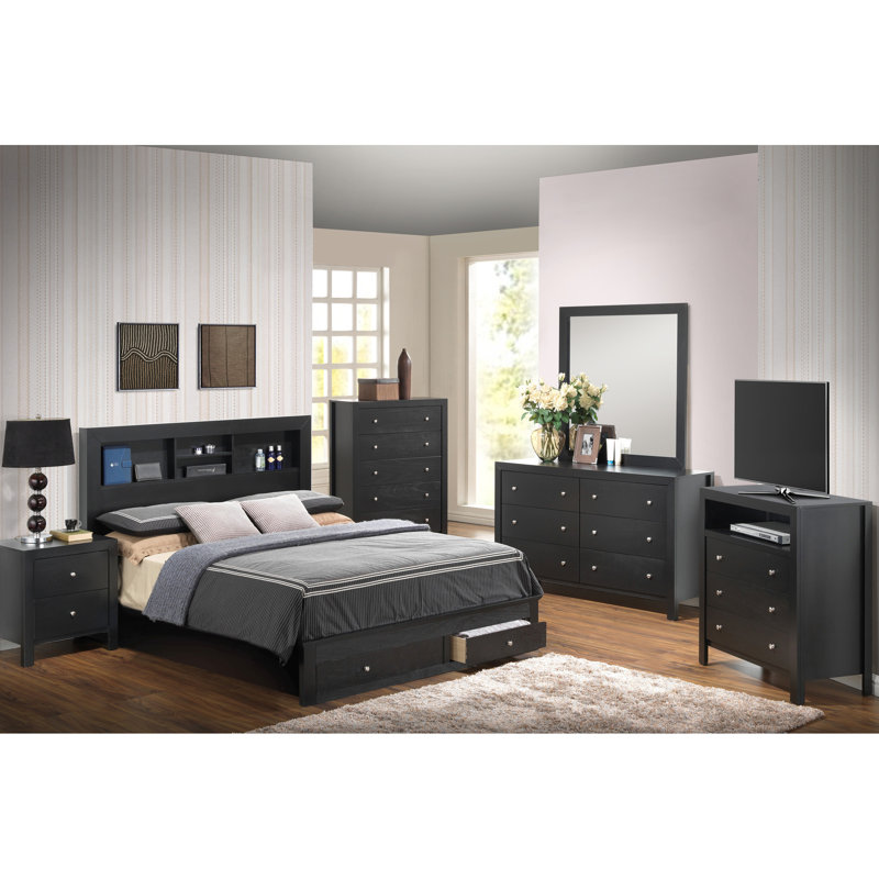 Très grand lit de rangement noir transitionnel avec rangement fonctionnel, améliore l'esthétique de la chambre à coucher