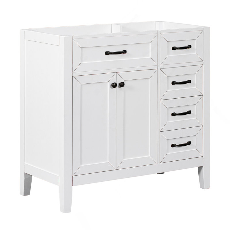 Meuble-lavabo 36 po sans lavabo, base d'armoire seulement, armoire de salle de bain avec tiroirs, cadre et panneau de fibres à densité moyenne, blanc