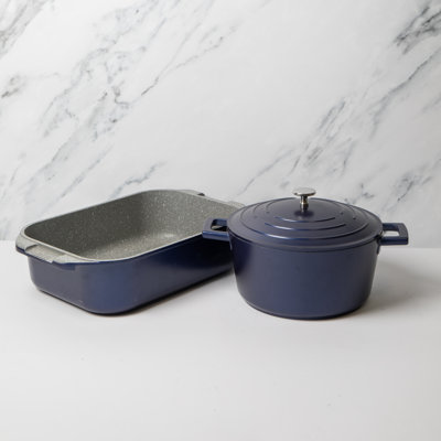 MasterClass 2pc Blue Cast Aluminium Cookware Set with 4L Casserole Dish, 34cm Roasting Pan